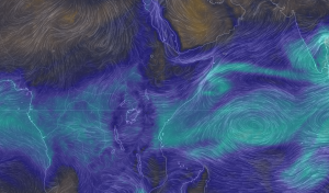 © earth.nullschool.net: Winds over East Africa (at 850hPa) with contours of total precipitable water, forecast for Monday 16 November at 15.00 UTC. The REACH programme includes observatories in Kenya and Ethiopia.