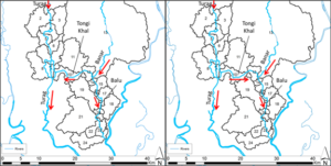 Reaches and sub-catchments of the Turag-Balu River System around Dhaka. The red arrows indicate the directions (dry season – left, monsoon season - right).