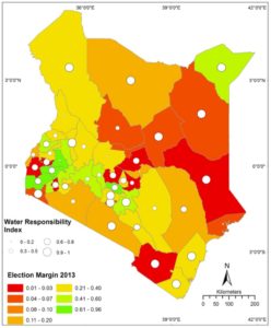 Kenya map showing election margin in 2013 and water responsibility index