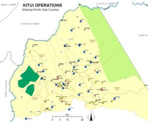 Map of Mwinngi North in Kitui, Kenya showing operations