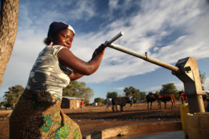 Woman at a hand pump; Mozambique, Chokwe, Lhate village; Credit: CGIAR