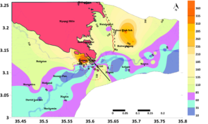 Geological map of the study area showing saline groundwater in the Turkana grits and freshwater along the Turkwel river; EC < 1000 represents freshwater while EC > 1000 indicate areas with saline groundwater