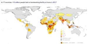 Proportion and number of people with no hand washing facilities at home, 2017. Source: WHO/UNICEF JMP.