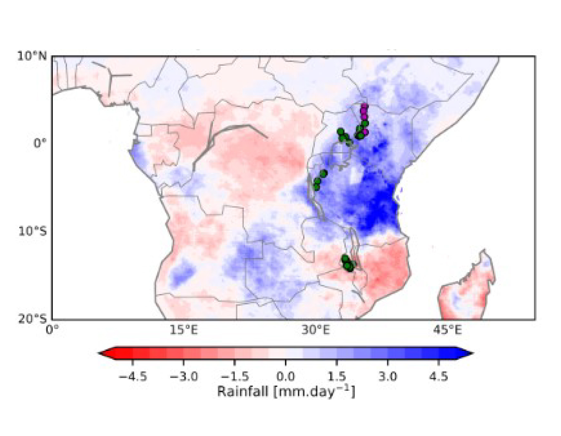 Analysis of rainfall anomalies during the period from January to April 2020 against 1983-2012 climatology indicate unusually high rainfall in Kenya, Uganda, and Tanzania and low levels of rainfall in Malawi. Green dots indicate locations of piped schemes where a pay-as-you-fetch payment modality is employed. Magenta dots indicate locations of piped schemes where a monthly fee payment modality is employed. (Source: Armstrong, Hope, and Munday 2021)