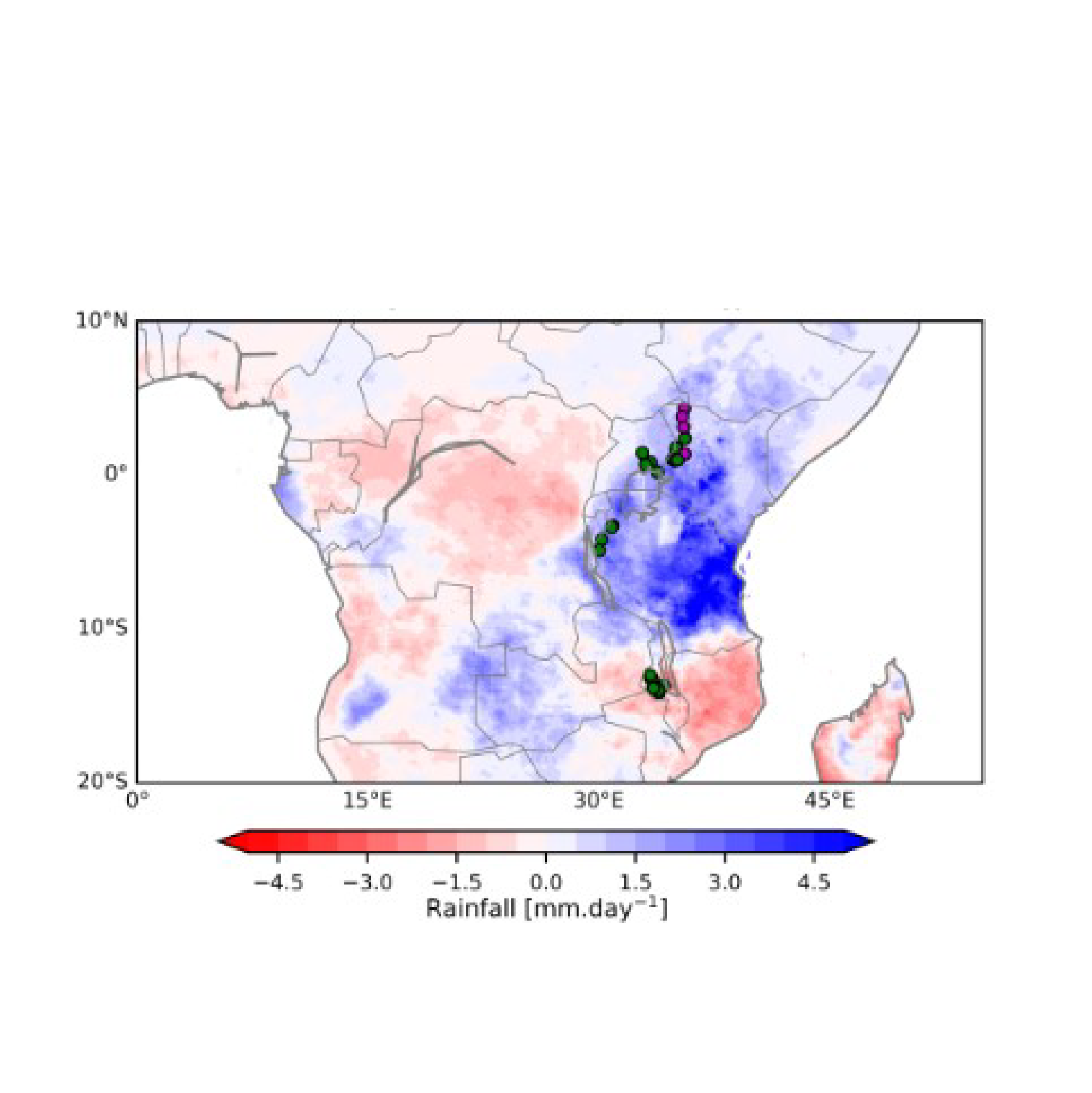 Analysis of rainfall anomalies during the period from January to April 2020 against 1983-2012 climatology indicate unusually high rainfall in Kenya, Uganda, and Tanzania and low levels of rainfall in Malawi. Green dots indicate locations of piped schemes where a pay-as-you-fetch payment modality is employed. Magenta dots indicate locations of piped schemes where a monthly fee payment modality is employed. (Source: Armstrong, Hope, and Munday 2021)