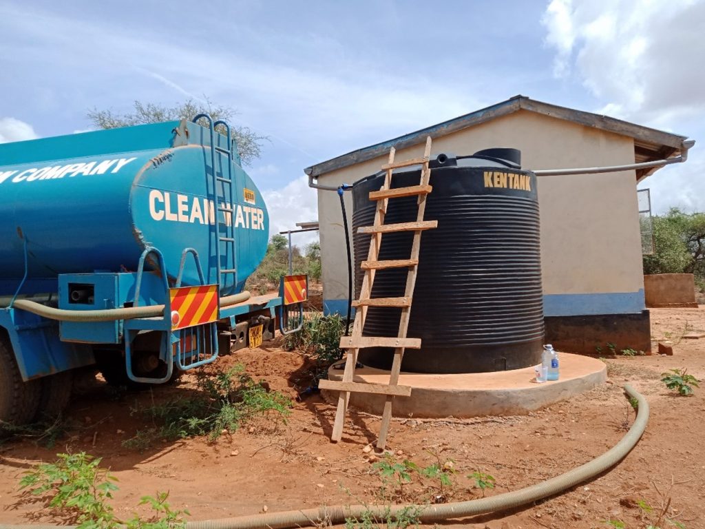 A rainwater harvesting tank at a rural health care facility to be refilled by a water truck during dry season in Kitui County, Kenya. Credit: Annah Kavata/FundiFix