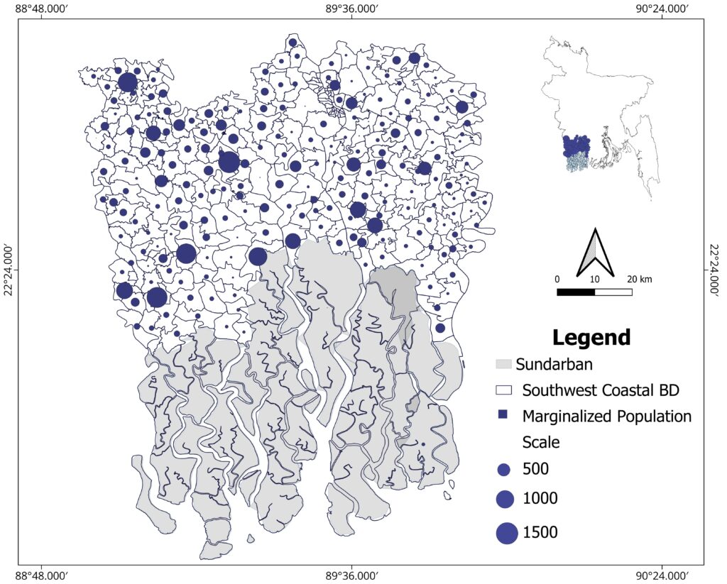 Map to show distribution of marginalized populations in southwest Bangladesh